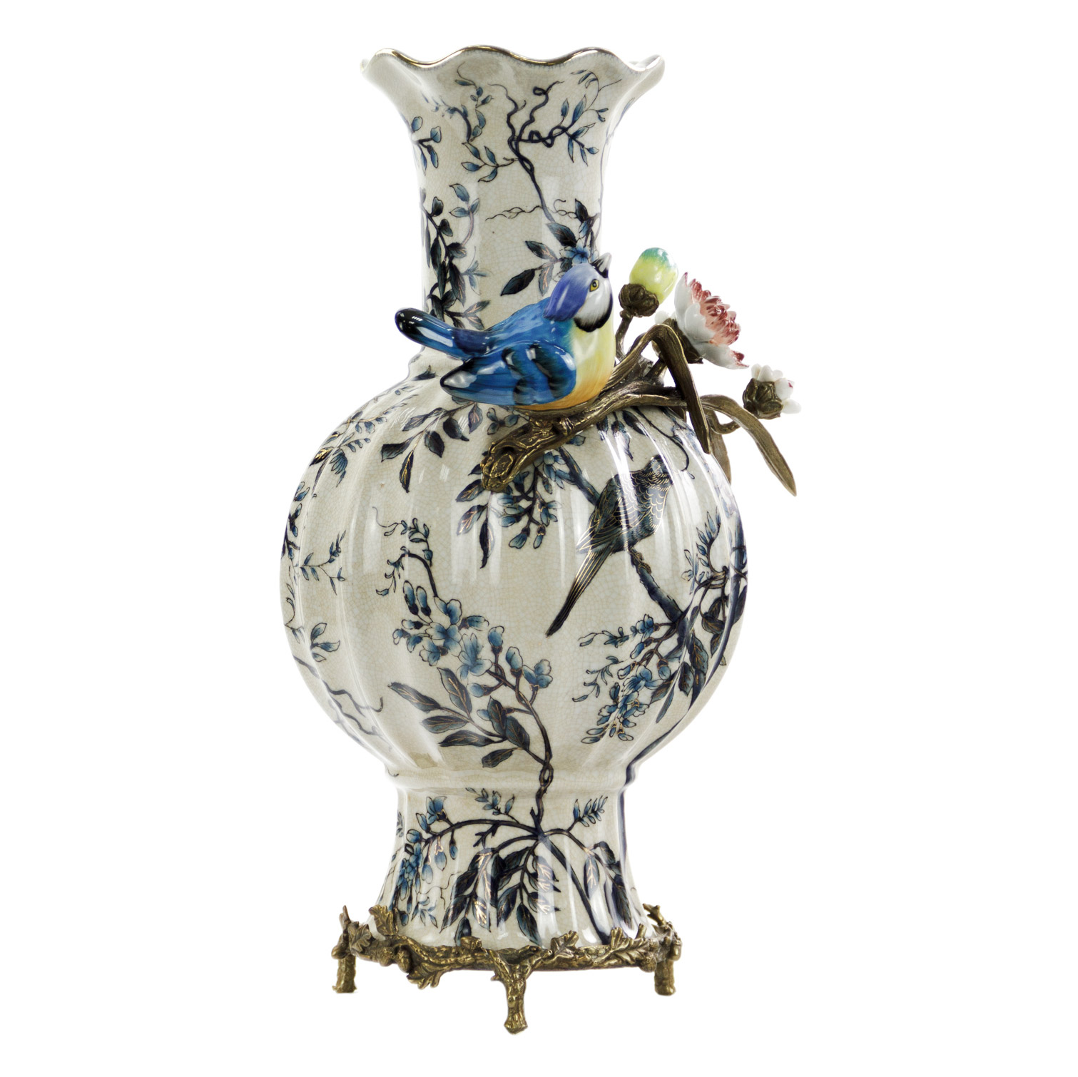 Ваза Glasar фарфоровая с бронзовыми эллементами и фарфоровой птичкой   25x20x38см ваза glasar фарфоровая синяя 19х19х35 см