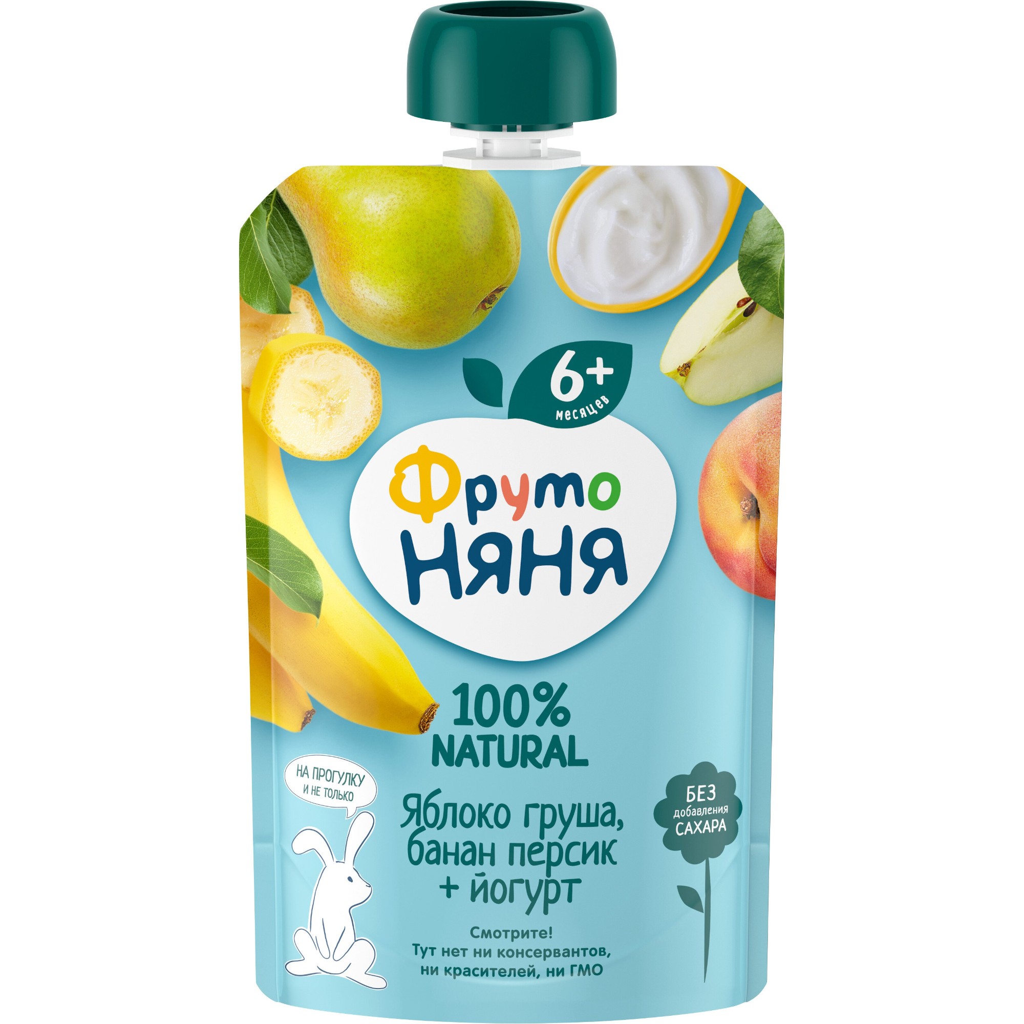 Пюре ФрутоНяня яблоко-груша-банан-персик с йогуртом 90 г, с 6 месяцев