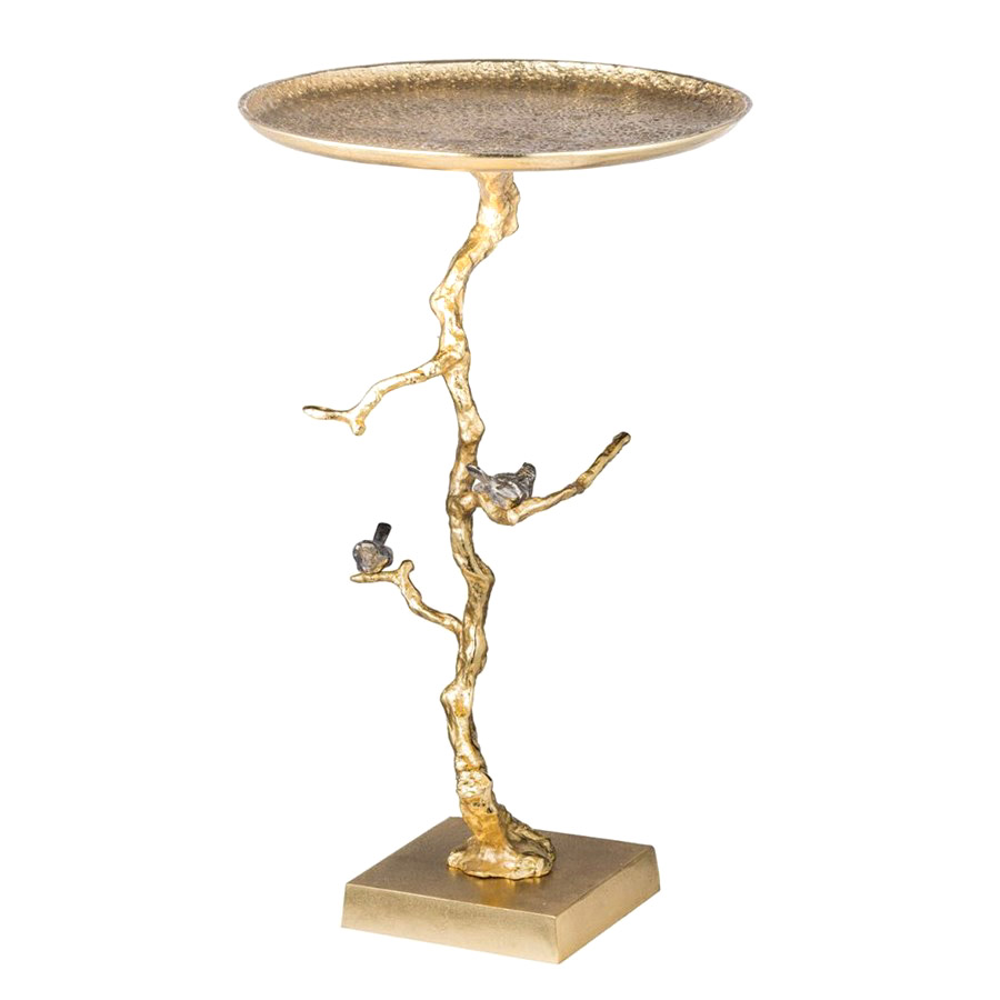 Столик приставной Glasar золотистого цвета с золотыми птичками на ветке 43x43x71 см блюдо с птичками glasar 15x15x6см серый