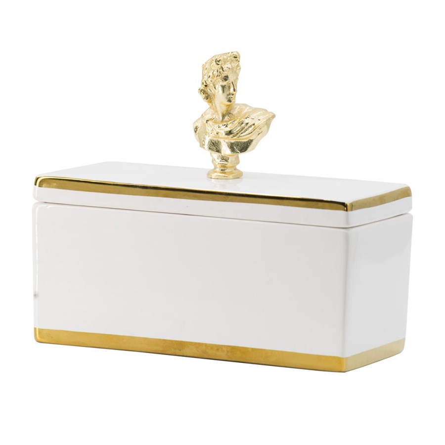 Шкатулка Glasar керамическая белая с золотистой окантовкой и металлическим бюстом на крышке  20x9x17см шкатулка двойная белая лаковая миниатюра