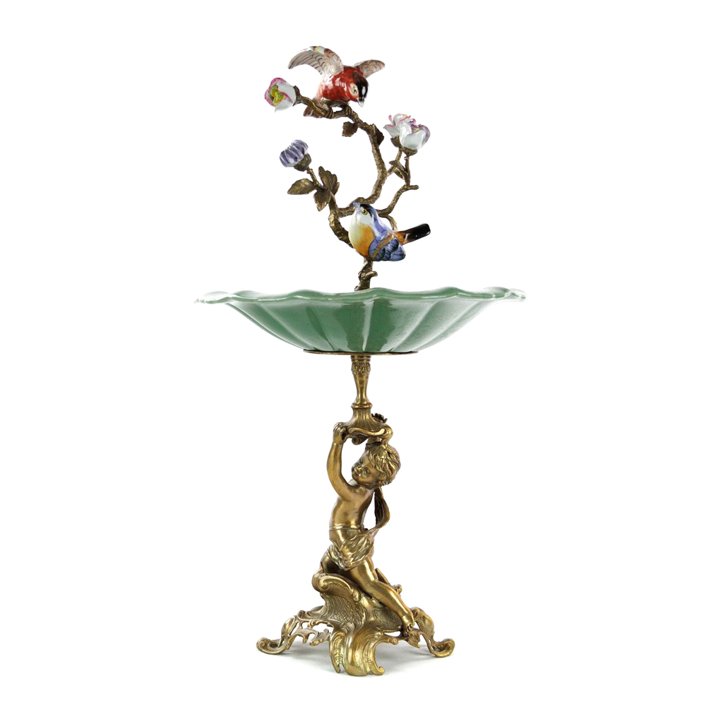 Чаша фарфоровая Glasar с птицами и бронзовым мальчиком в основании  31x31x56см