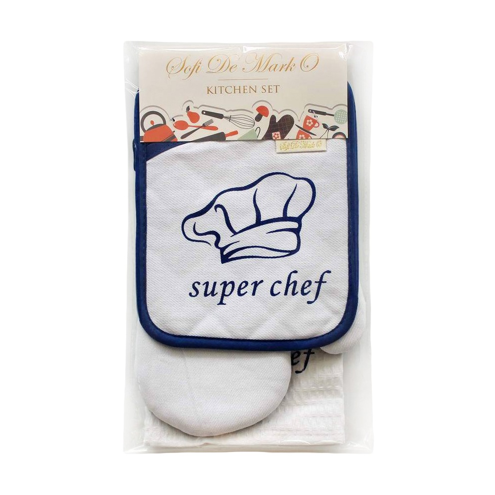 набор кухонный вафельный спагетти фартук прихватка варежка полотенце Набор для кухни Sofi De Marko Chef голубой из 3 предметов
