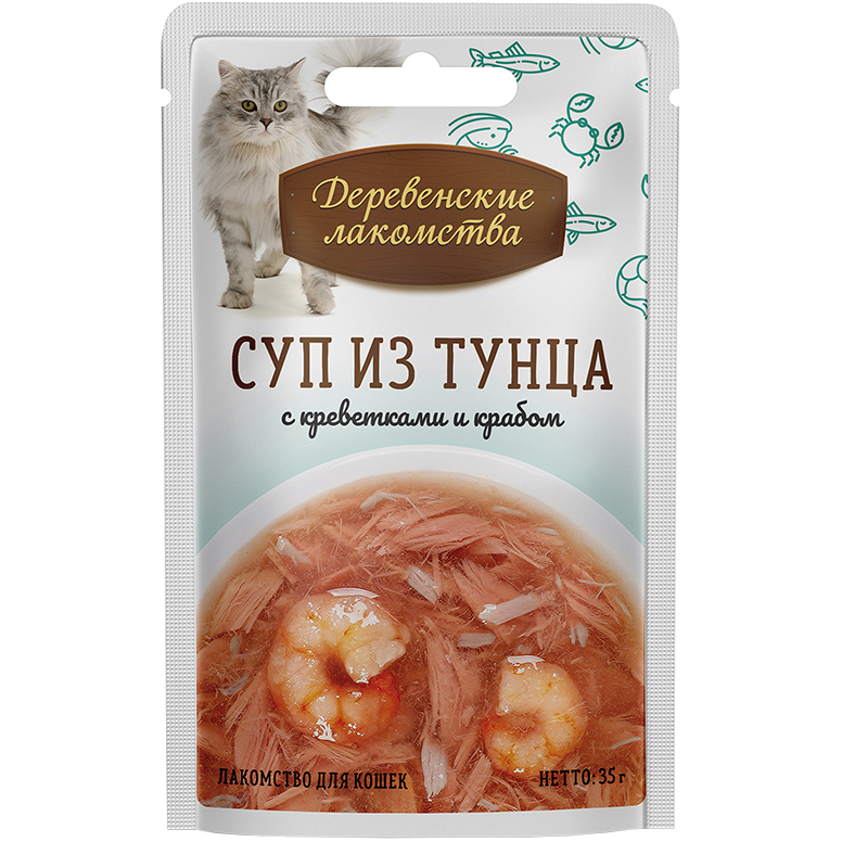 фото Корм для кошек деревенские лакомства суп из тунца с креветками и крабом 35г