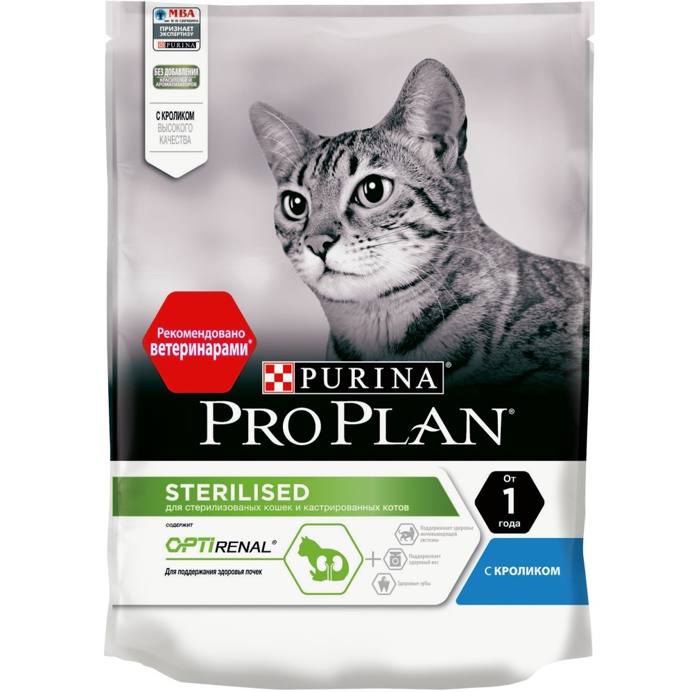 Корм для кошек Pro Plan Sterilised для стерилизованных кошек и кастрированных котов, с кроликом 200 г сухой корм для кошек catland полнорационный для стерилизованных с кроликом и овощами 1 3 кг