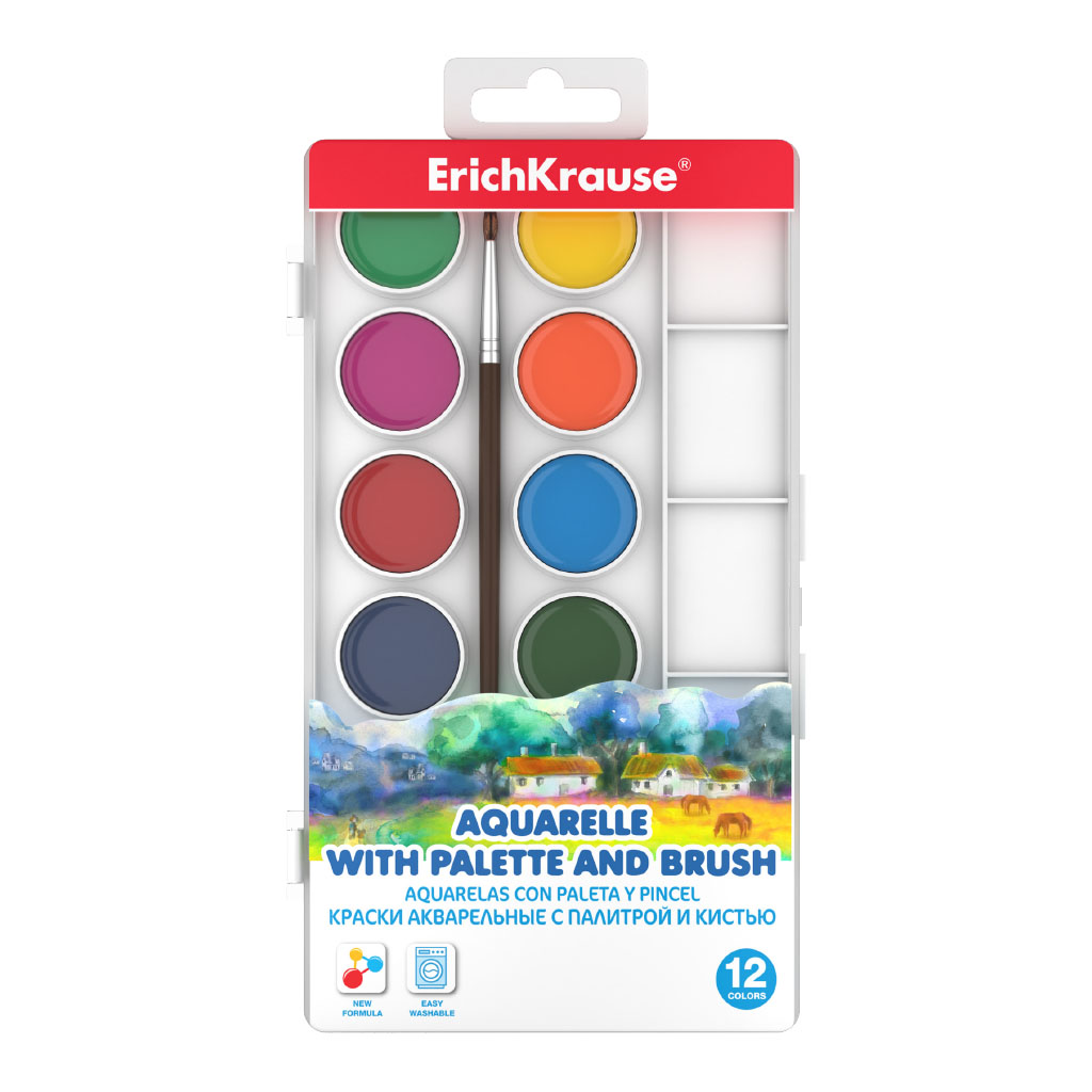 Краски акварельные Erich Krause с палитрой и кистью 12 цветов акварельные акварельные краски brauberg
