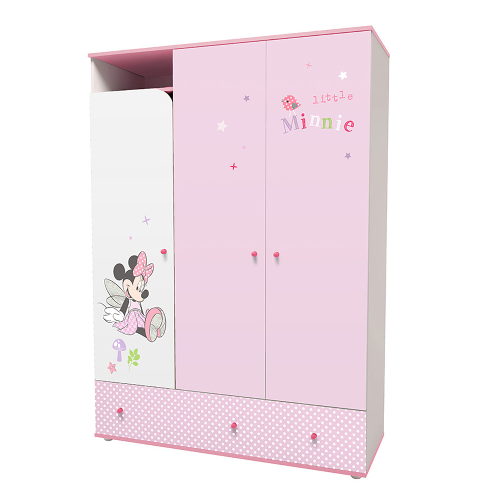 Шкаф трехсекционный Polini kids Disney baby Минни Маус-Фея с ящиками, белый-розовый 190х135х52