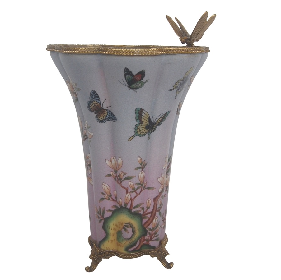Ваза Glasar со стрекозой и бабочками, розовая, 23x21x32 см ваза glasar фарфоровая с птицами и плодами 27х27х45 см