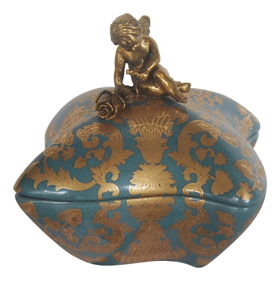 Шкатулка Glasar синяя с бронзовым ангелом и узорчатым декором 17x17x15 см