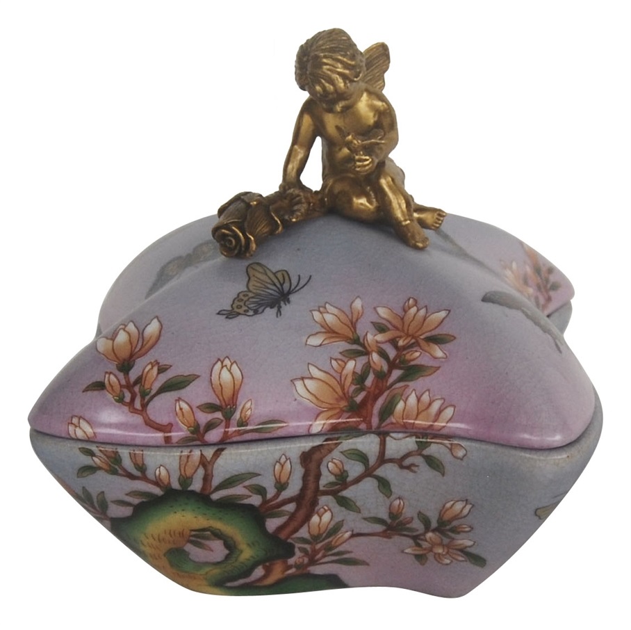Шкатулка Glasar розовая с бронзовым ангелом 17x17x15 см