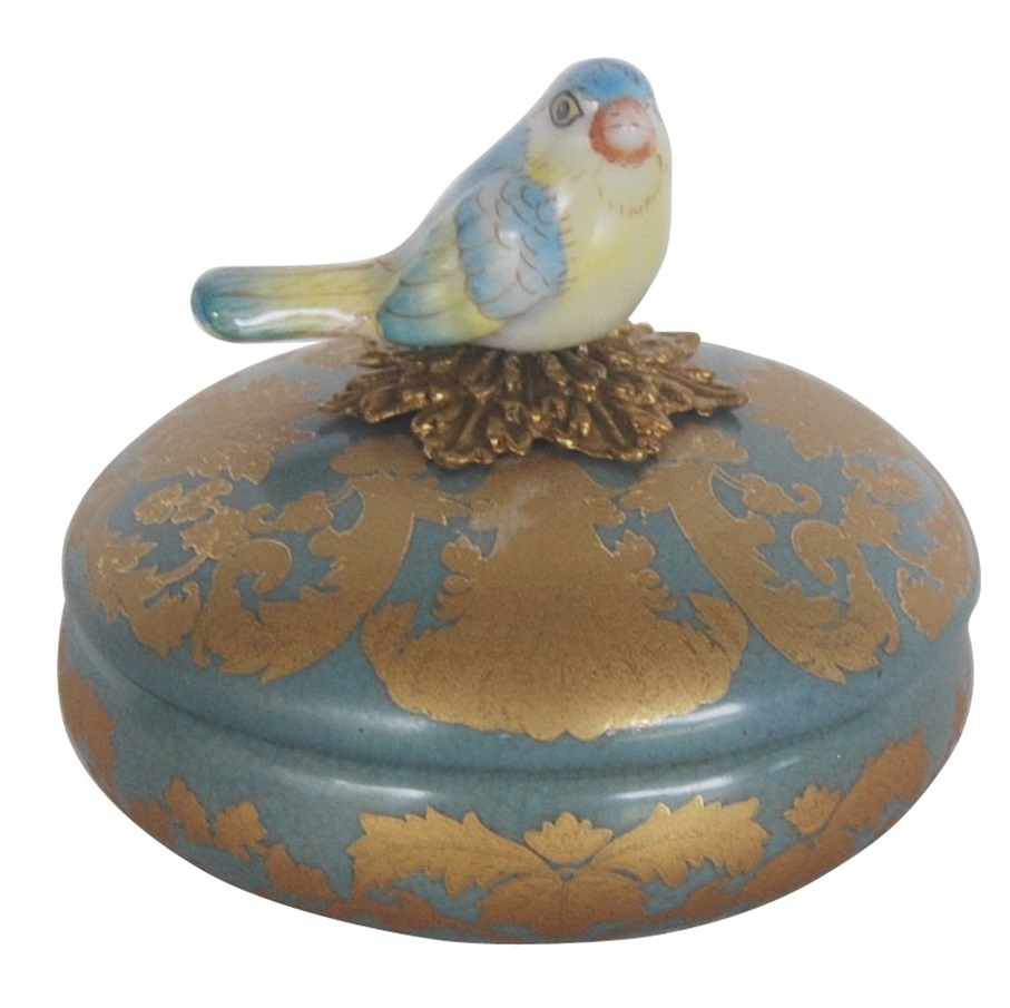 Шкатулка Glasar синяя с голубой птичкой и золотым узором, 11x11x10 см