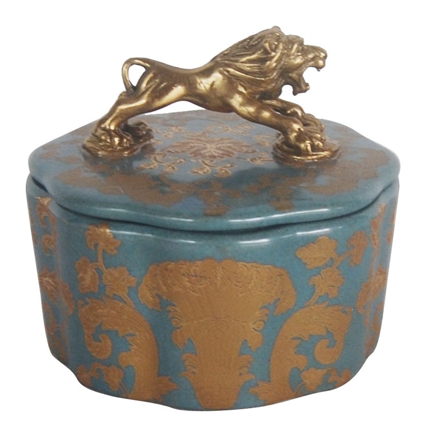 Шкатулка Glasar синяя с бронзовым львом и узором 12x12x10 см