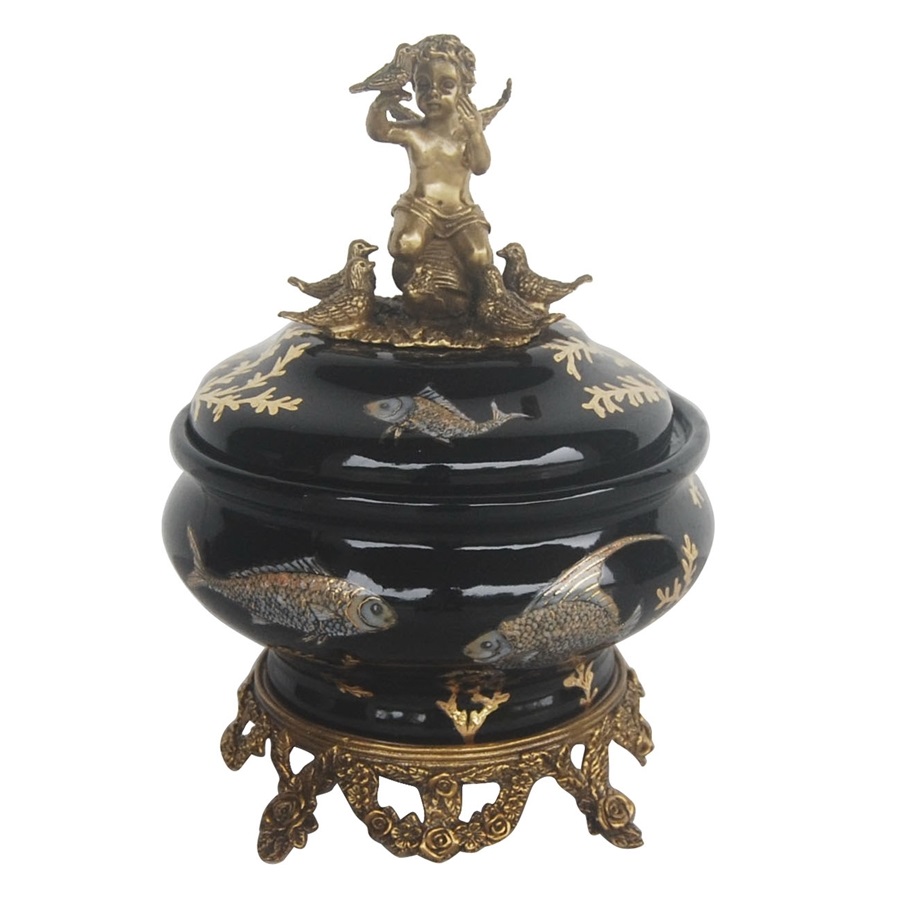 Шкатулка Glasar черная с бронзовым ангелом и нарисованными рыбами на бронзовых ножках 17x17x24 см шкатулка glasar с бронзовым львом и декором 14x10x10 см