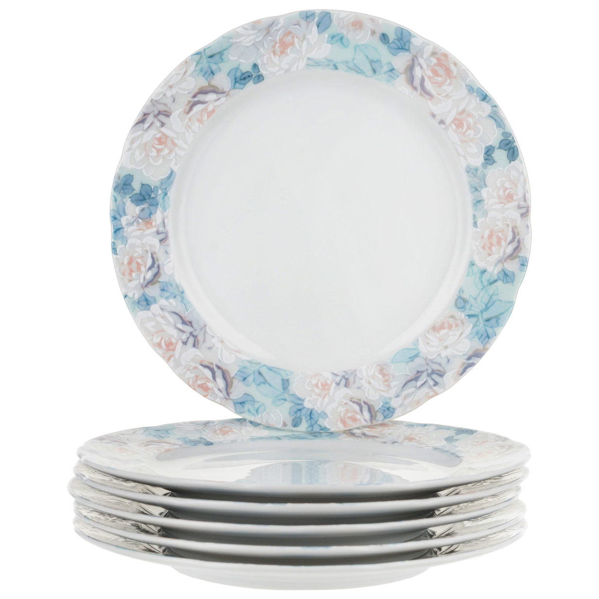 Набор мелких тарелок Thun Голубая роза 21 см 6 шт, цвет белый - фото 1