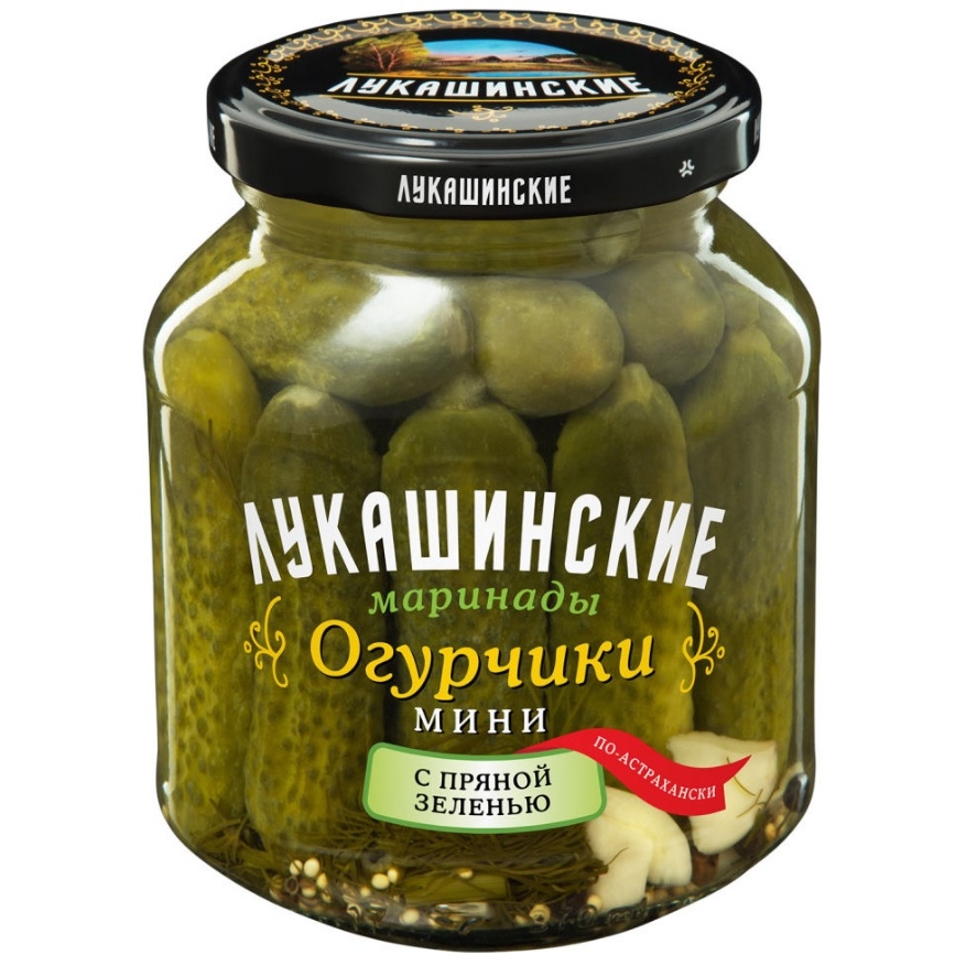 Огурцы-мини Лукашинские маринованные с пряной зеленью, 340 г