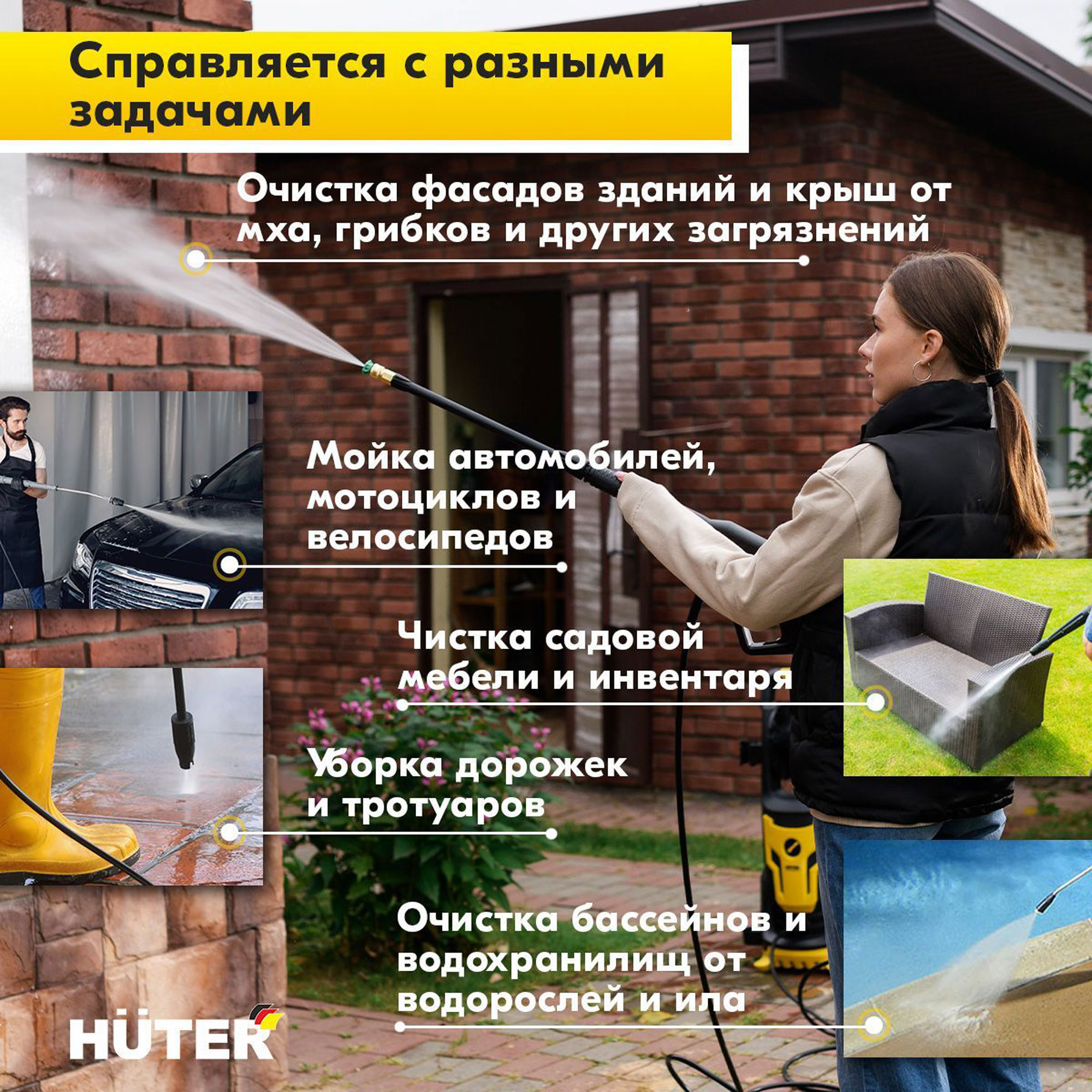 Минимойка Huter M195-PW-PRO, (195 бар,2500вт, с функцией самовсасывания)