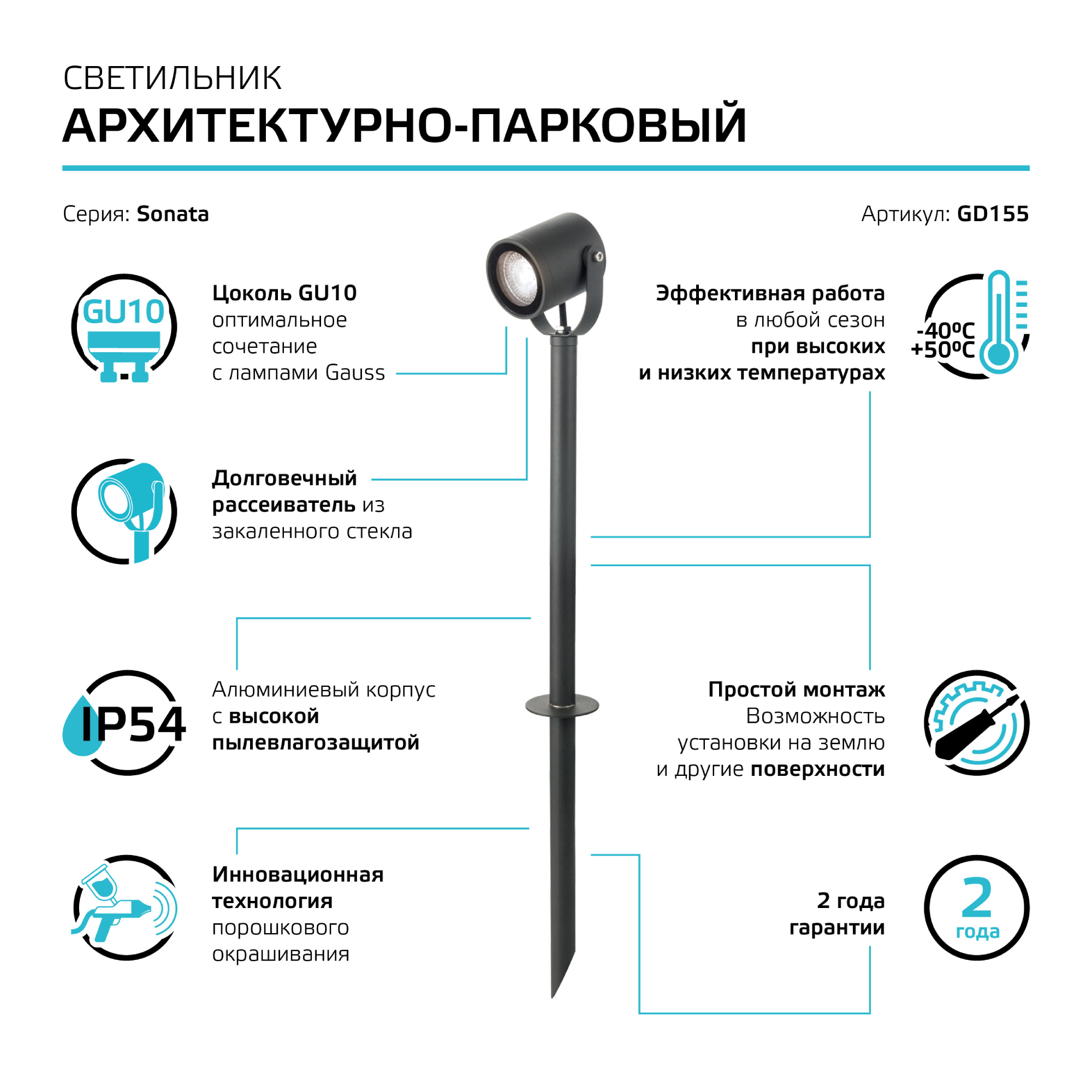 Светильник садово-парковый Gauss Sonata ландшафтный грунтовой, 1xGU10, 90x70x470mm Вид№7