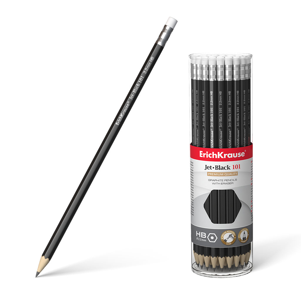 чернографитный круглый карандаш erich krause с ластиком 2x2 hb Чернографитный шестигранный карандаш Erich Krause Jet Black 101 HB с ластиком