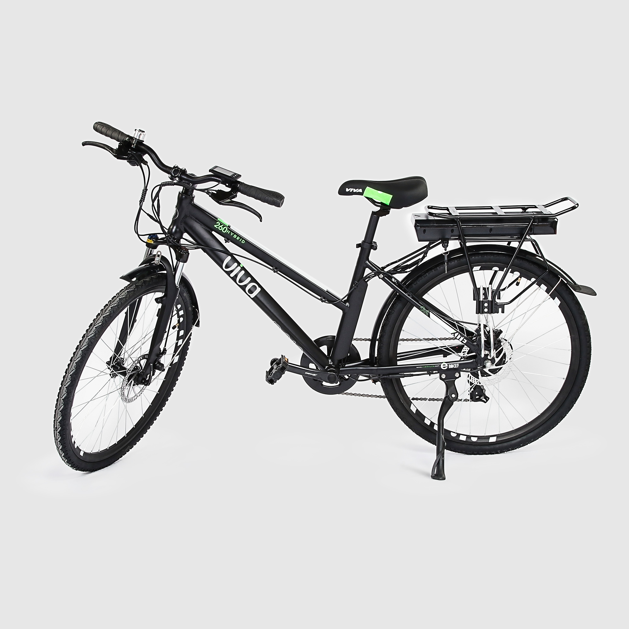 Велосипед электрический VIVA Kite hybrid, диаметр колес 26 дюймов, 7 скоростей, 25 км/ч, механические дисковые тормоза Tektro MD-M280, 190х60х110 см, черный