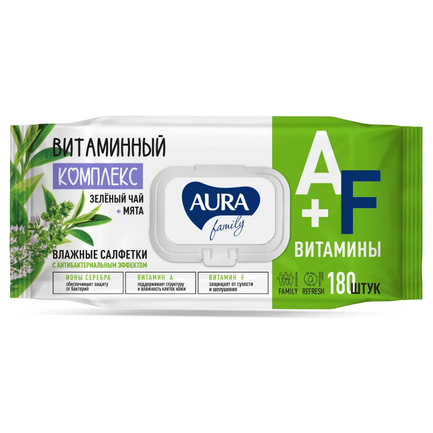Салфетки влажные Aura Family антибактериальные 180 шт салфетки освежающие aura антибактериальные с ромашкой 72 шт