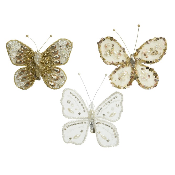 

Бабочка декор Kaemingk на клипсе 11х9 см в ассортименте, Бежевый;белый;золотистый
