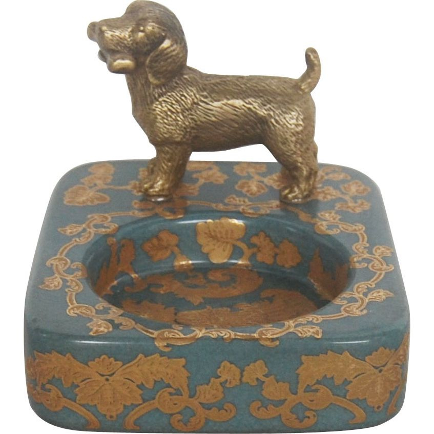 Пепельница Glasar с собачкой, синяя с золотым декором, 13х11х10 см