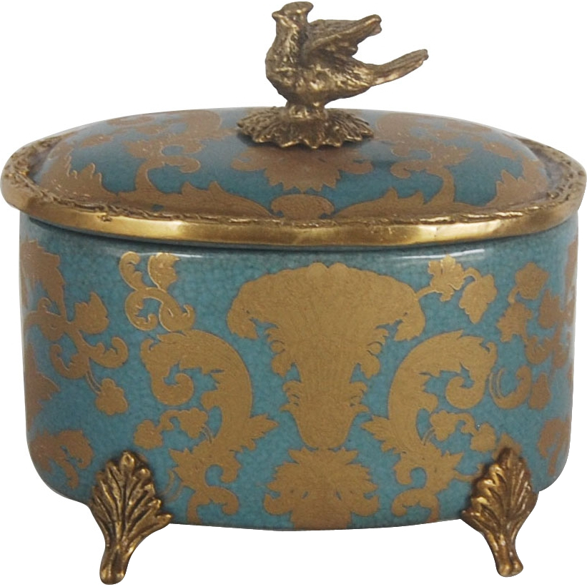 Шкатулка Glasar синяя с бронзовой птичкой на крышке и на ножках, 13х10х12 см шкатулка glasar синяя с голубой птичкой и золотым узором 11x11x10 см