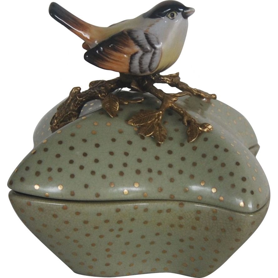 Шкатулка Glasar зеленая в горошек с птичкой на крышке 15х15х16 см шкатулка glasar синяя с бронзовой птичкой 15х15х16 см