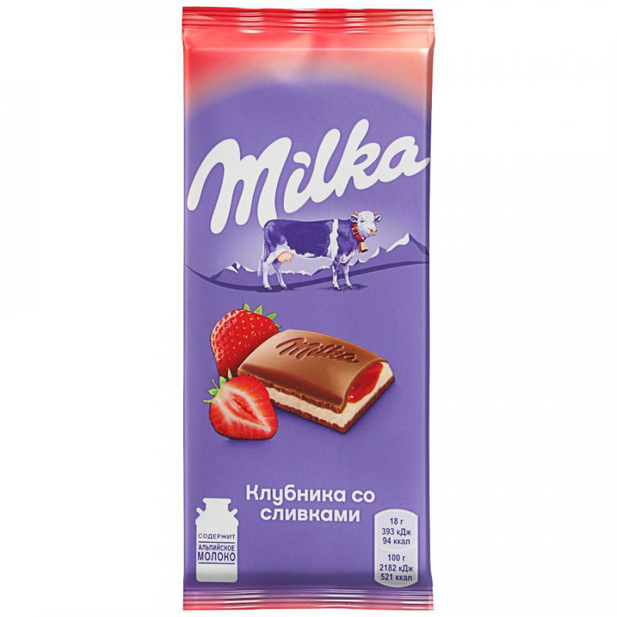 

Шоколад молочный Milka двухслойный с начинкой из клубники и сливок, 85 г