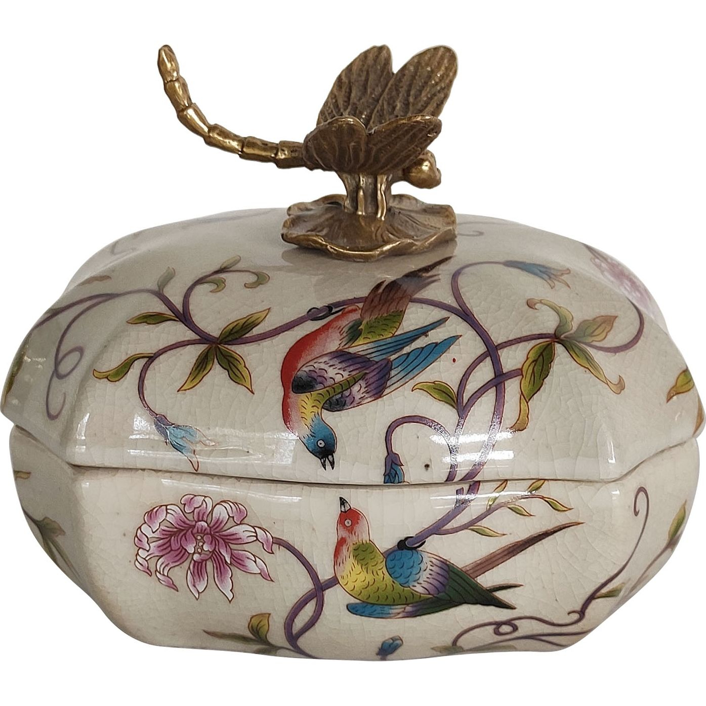 Шкатулка Glasar молочная с бронзовой стрекозой и цветными птицами 14x10x10 см