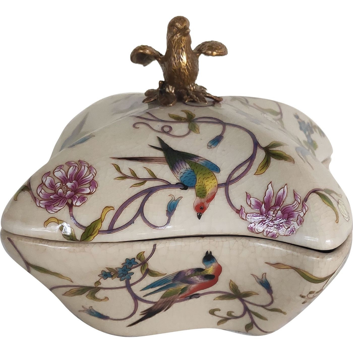 Шкатулка Glasar бежевая с бронзовой птичкой на крышке и цветочным декором 15x15x13 см