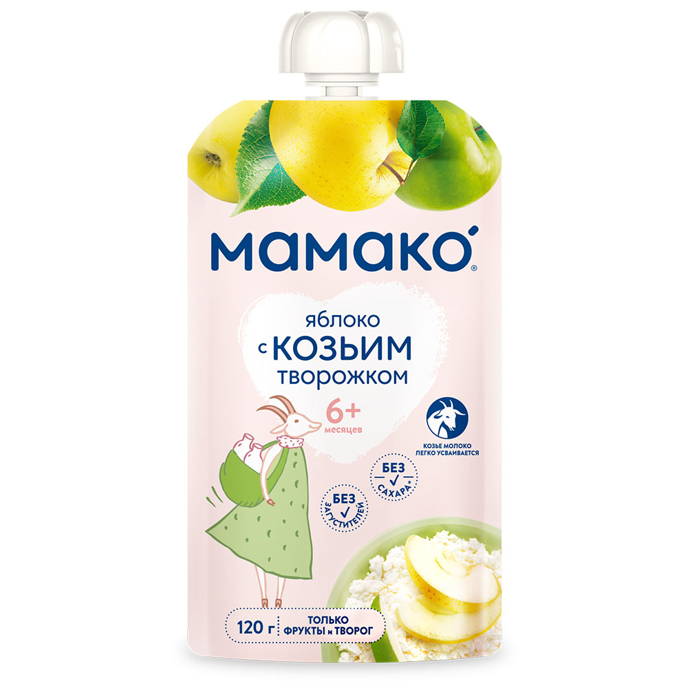 Пюре MAMAKO Яблоко с козьим творожком с 6 месяцев, 120 г сок rich яблоко 1 литр
