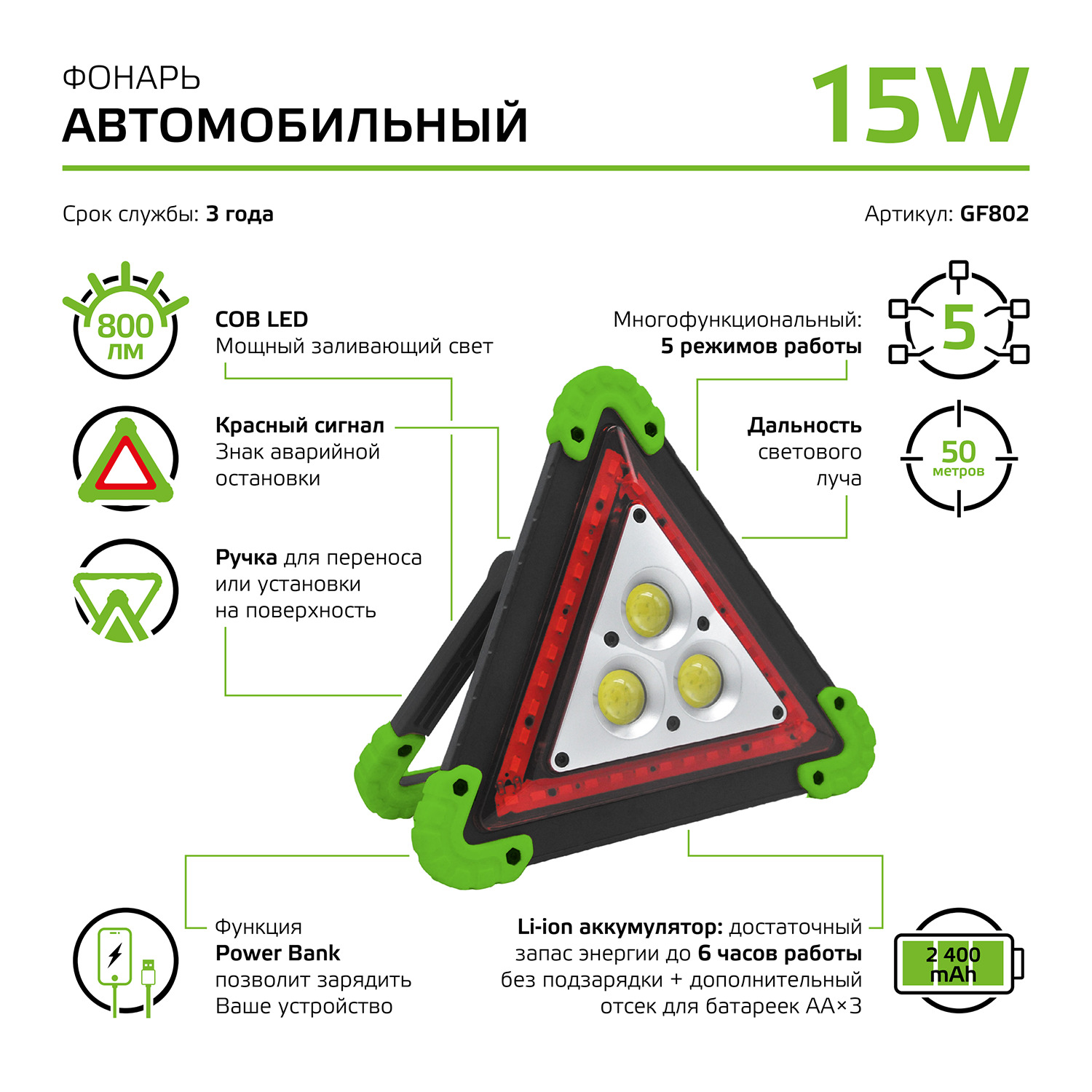 фото Фонарь gauss автомобильный gfl802 15w 800lm li-ion 2400mah led