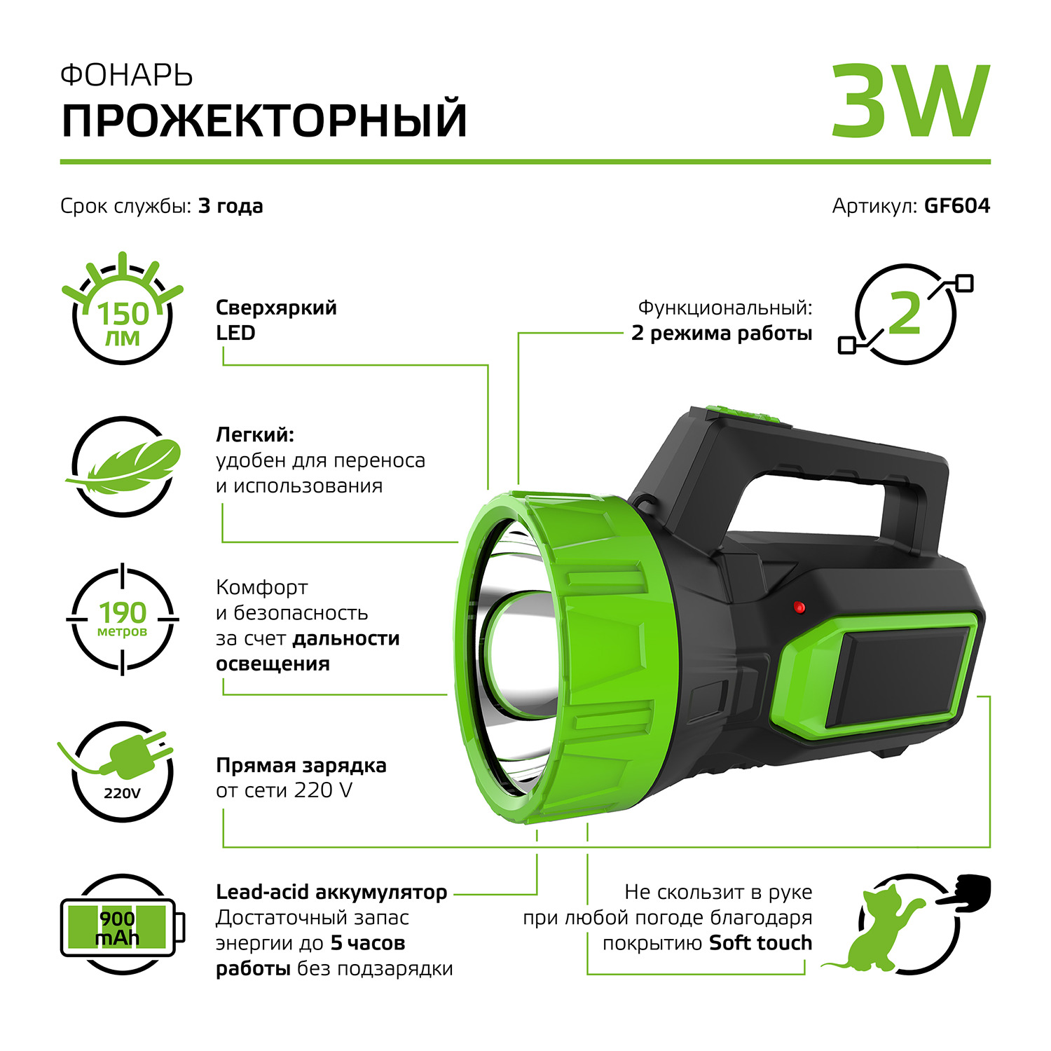 Фонарь Gauss прожекторный GFL604 3W 150lm lead acid 900mAh LED Вид№6