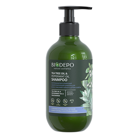 Шампунь Biodepo бессульфатный натуральный себорегулирующий с маслами чайного дерева и мяты, 475 мл шампунь для нормальных и жирных волос от перхоти 400 мл