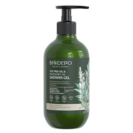 Гель для душа Biodepo натуральный с маслами чайного дерева и розмарина, 475 мл biodepo гель для душа с маслами кокоса и макадамии