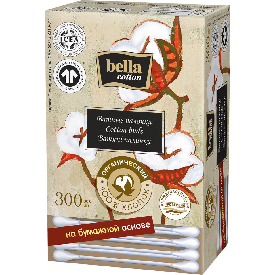 фото Ватные палочки bella cotton органический хлопок, картонная коробка, 300 шт