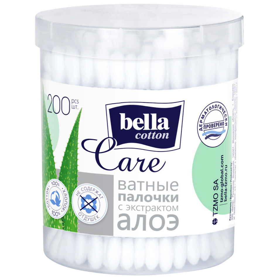 Палочки ватные Bella cotton care с экстрактом алоэ, банка, 200 шт ватные палочки bella алоэ 200 шт