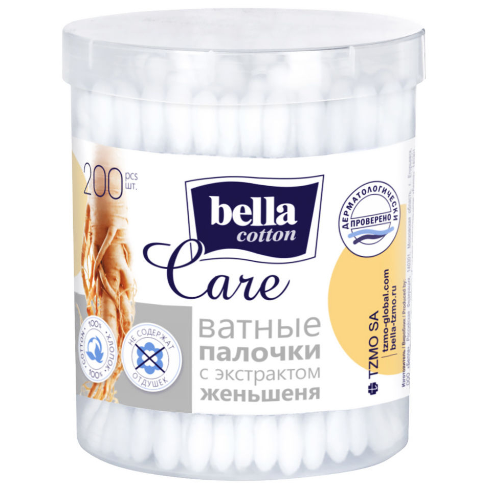 Палочки ватные Bella cotton care с экстрактом женьшеня, банка, 200 шт апельсиновые палочки для маникюра