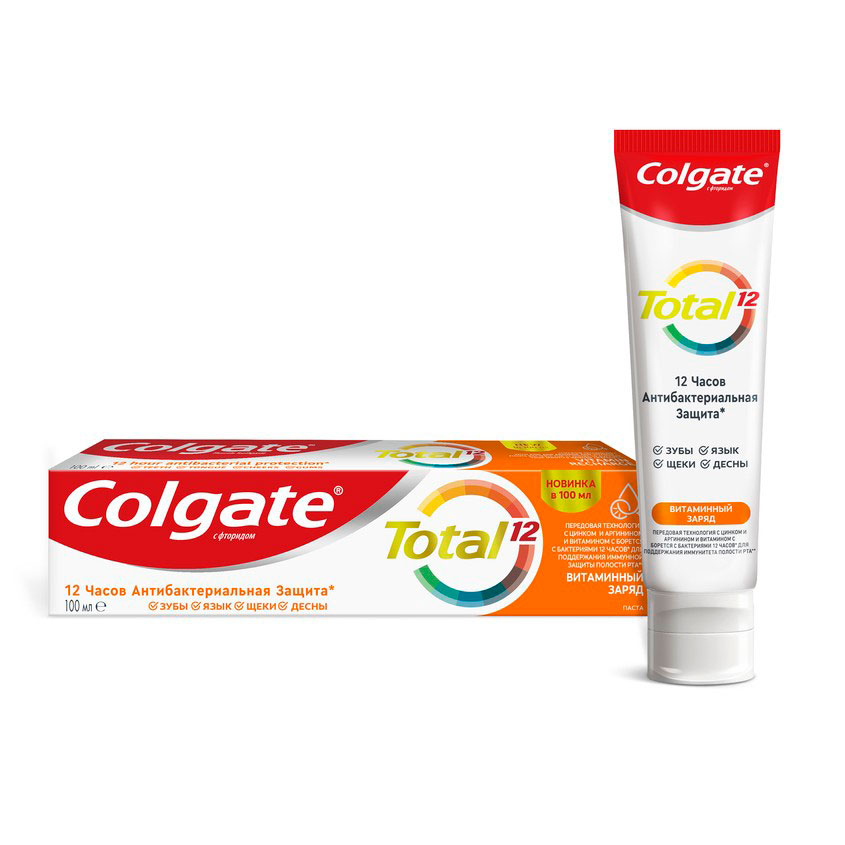 фото Зубная паста colgate total 12 витаминный заряд с цинком и аргинином для комплексной антибактериальной защиты всей полости рта в течение 12 часов, 100 мл