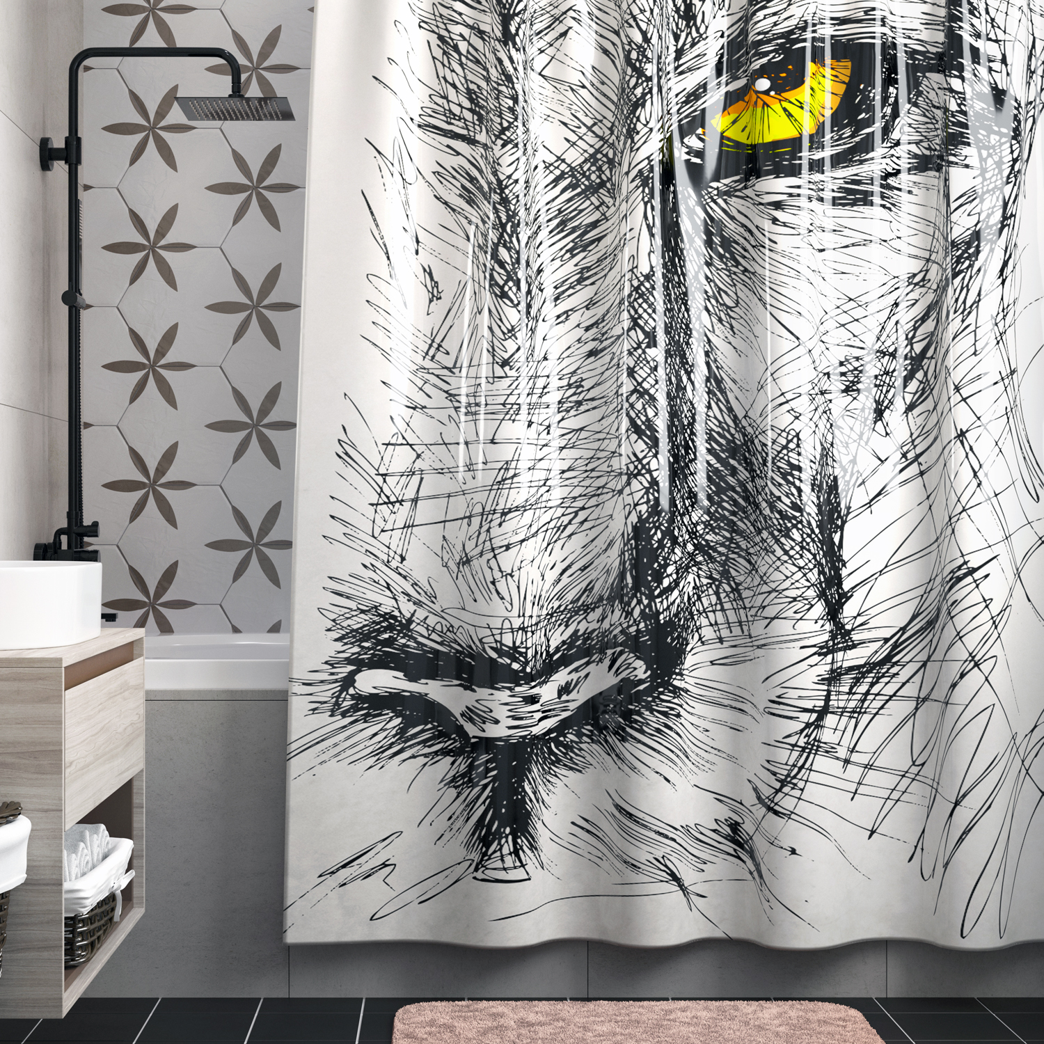фото Шторка для ванной wasserkraft isar белая с чёрным 180х200 см