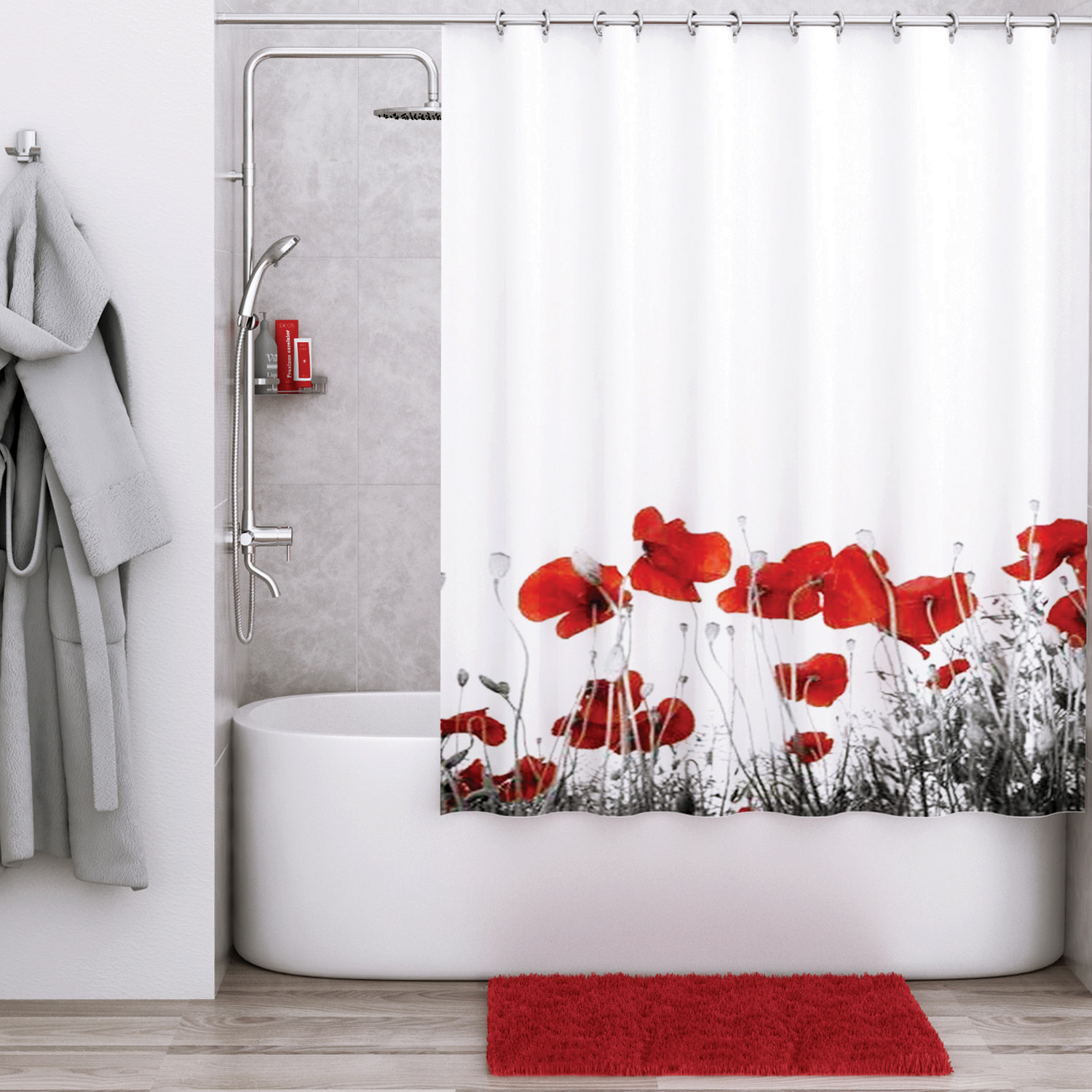 фото Шторка для ванной wasserkraft main белая с красным и чёрным 180х200 см