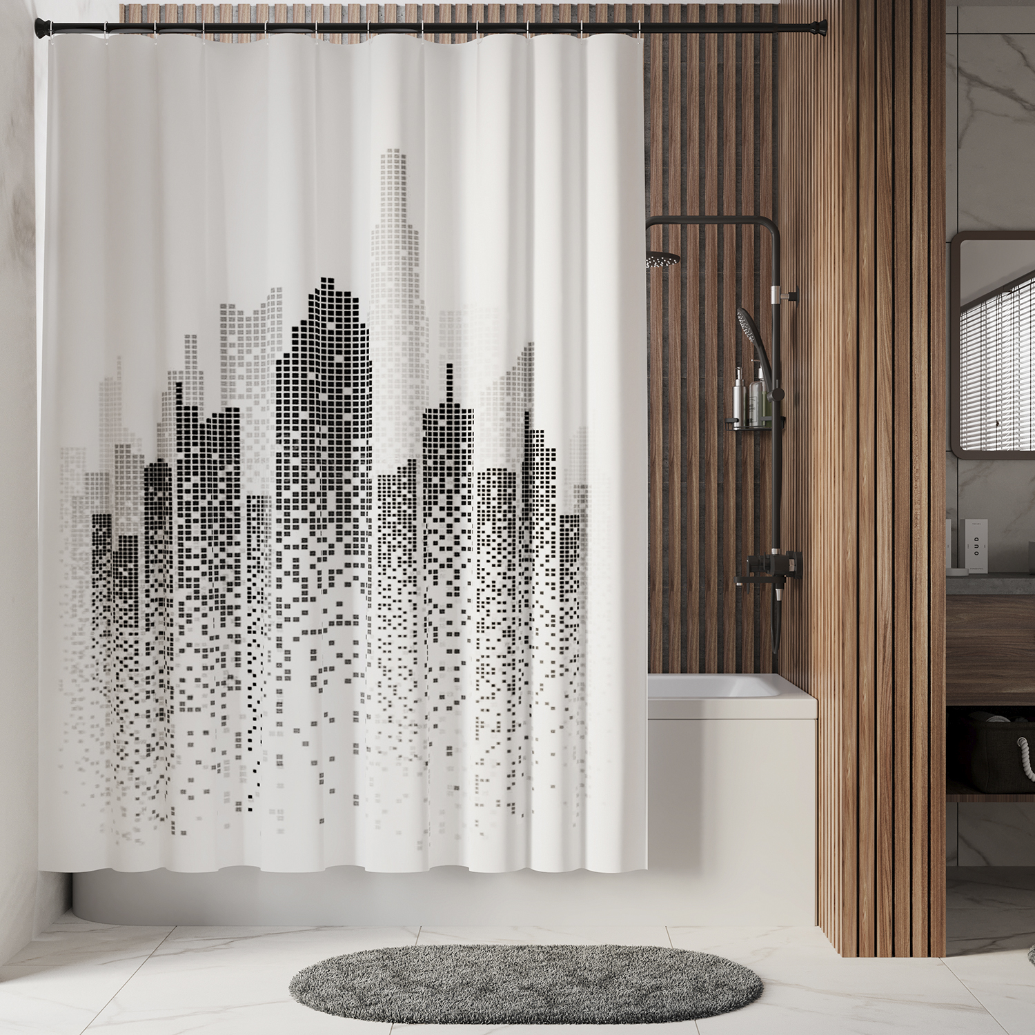 фото Шторка для ванной wasserkraft leine белая с чёрным 180х200 см