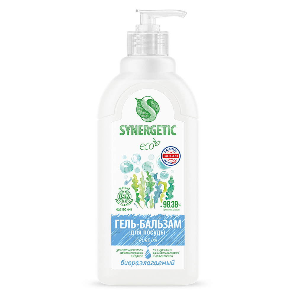 Гель-бальзам для мытья посуды и детских игрушек Synergetic Pure 0% без запаха, гипоаллергенный 0,5 л спрей лосьон для защиты кожи рук и ног от пота и запаха алиранта