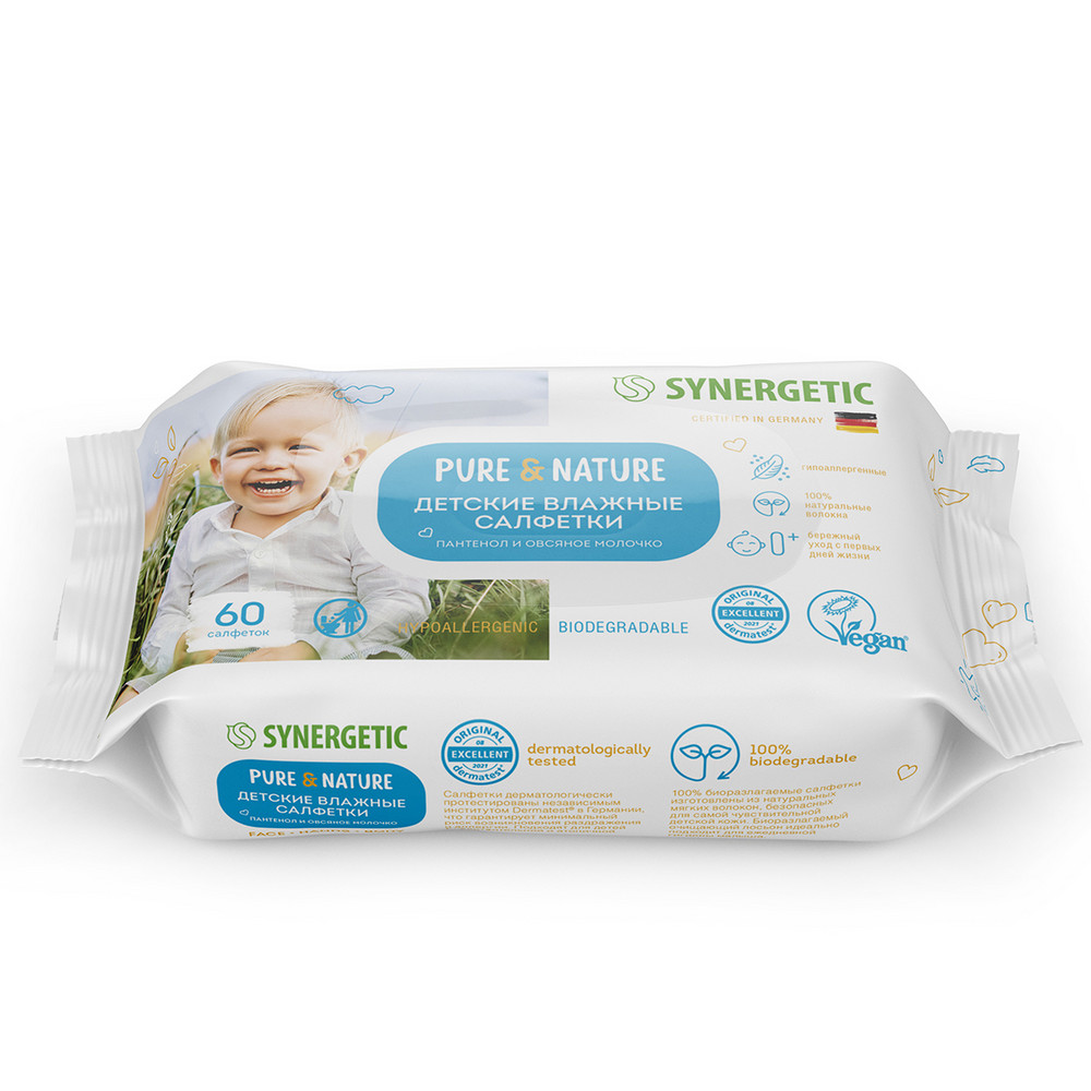 Гипоаллергенные детские влажные салфетки Synergetic Pure&Nature Пантенол и овсяное молочко, 60 шт детские влажные салфетки домашний сундук