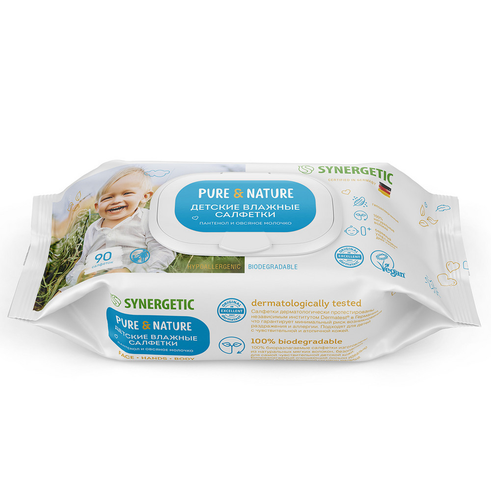 Гипоаллергенные детские влажные салфетки Synergetic Pure&Nature Пантенол и овсяное молочко, 90 шт салфетки влажные kioshi детские 60шт