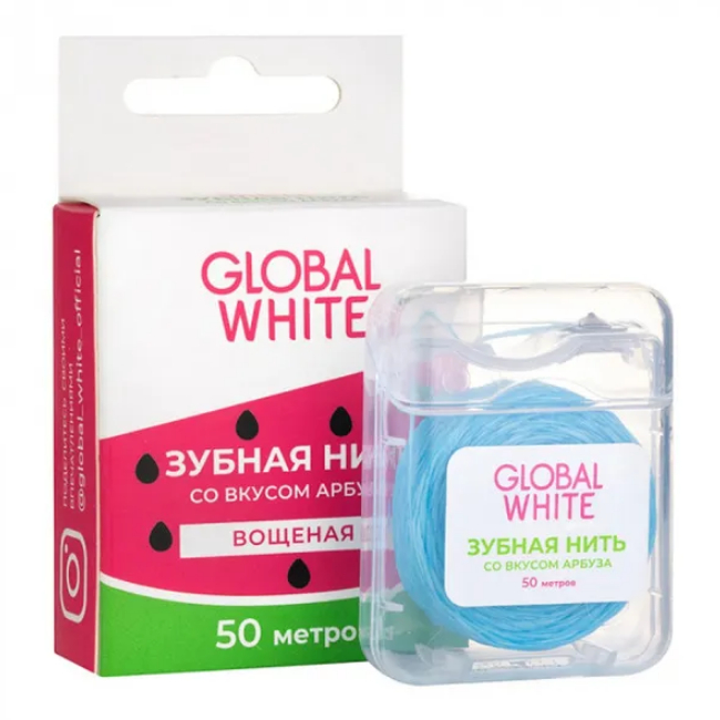 Нить зубная вощеная Global White со вкусом арбуза 50 м global white зубная нить со вкусом арбуза