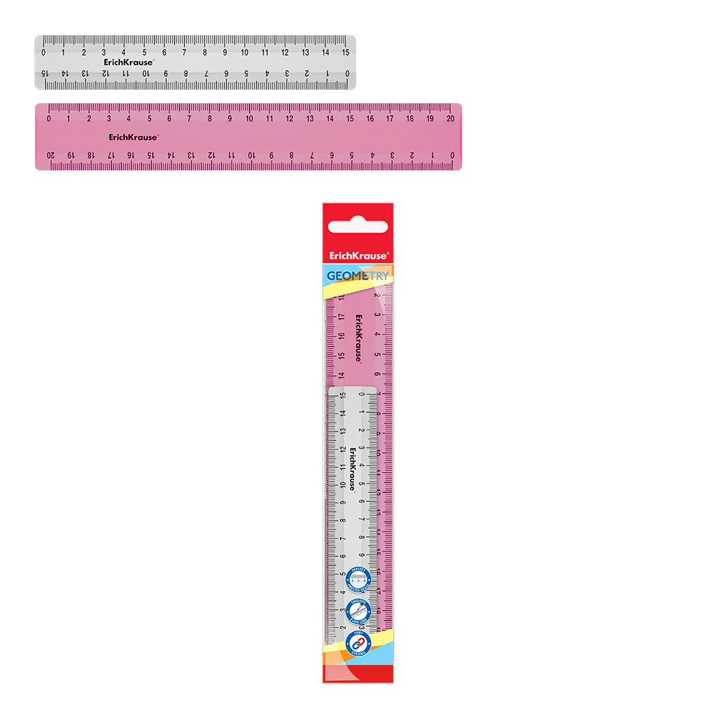 Набор из 2 пластиковых линеек Erich Krause Candy 15 см - белый, 20 см - розовый набор линеек металлических 3 штуки 15 см 20 см 30 см