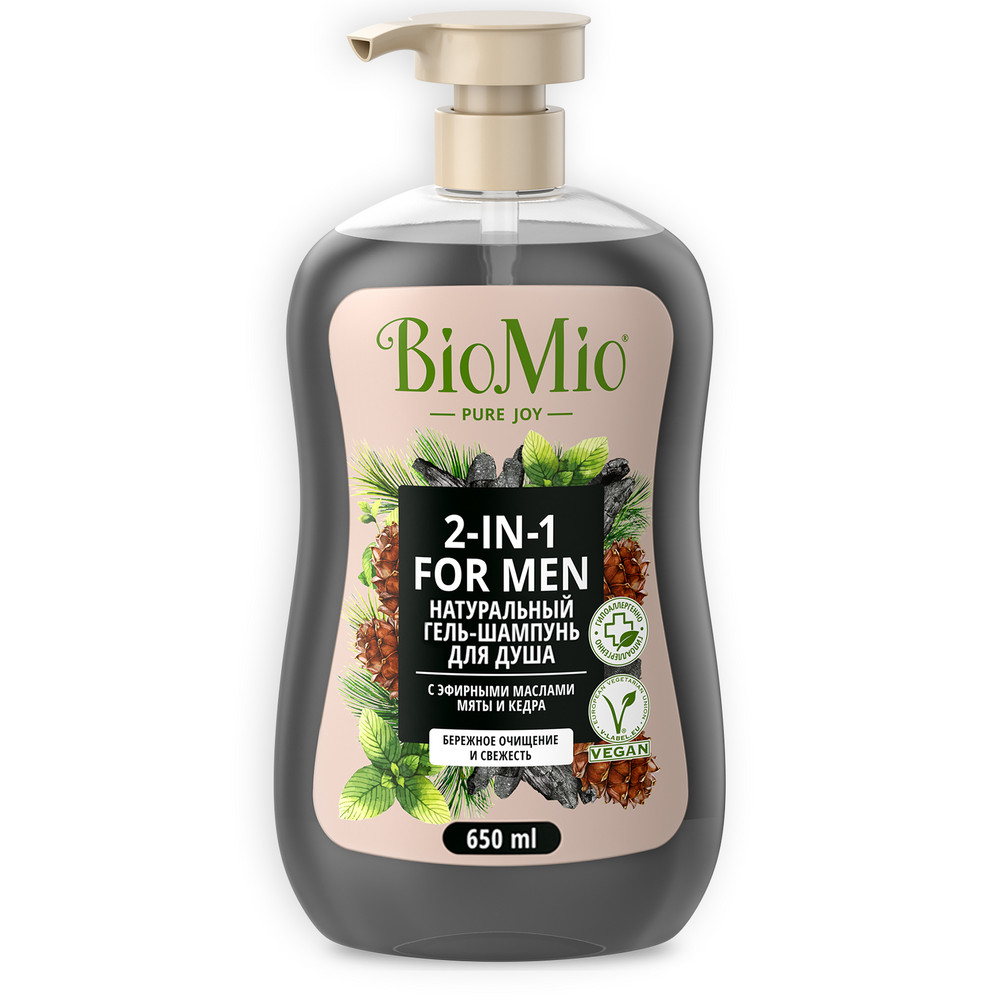 Натуральный гель-шампунь для душа BioMio с эфирными маслами мяты и кедра для мужчин 650 мл biodepo гель для душа с эфирными маслами бергамота и апельсина