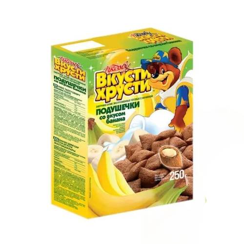 Подушечки Krosby вкусти-хрусти банановые, 250 г крупа мистраль пшеничная в пакетах для варки 5×80 г