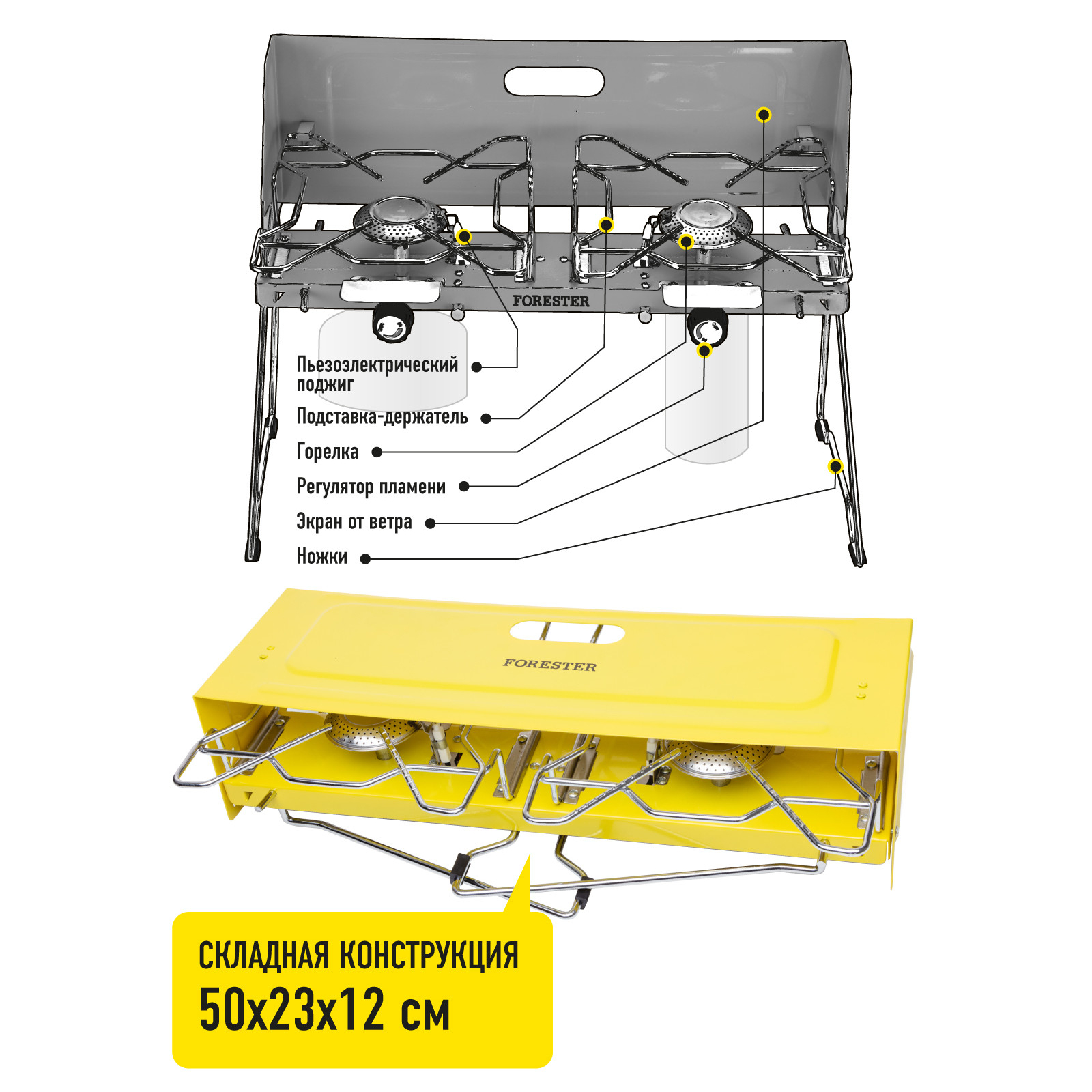 фото Портативная газовая плита forester mobile жёлтая с серебряным 50х23х40 см
